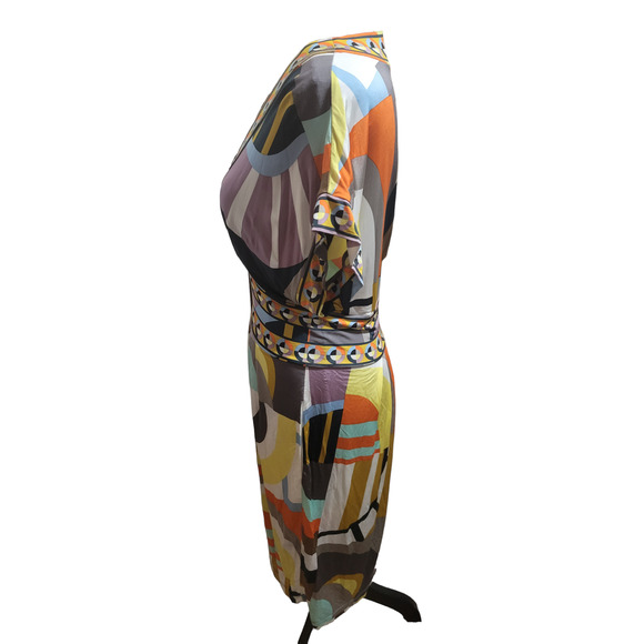 BCBGMAXAZRIA V Neck Geometric Multicolor Short Sleeve Dress, Sz M - Picture 6 of 8